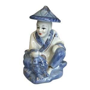 Hand Painted Blue White Chinese Fisherman God of Good  Luck